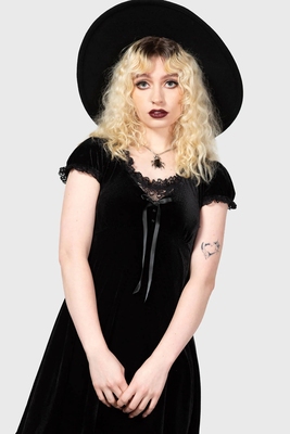 taobao agent Retro black green velvet lace short sleeve dress, skirt