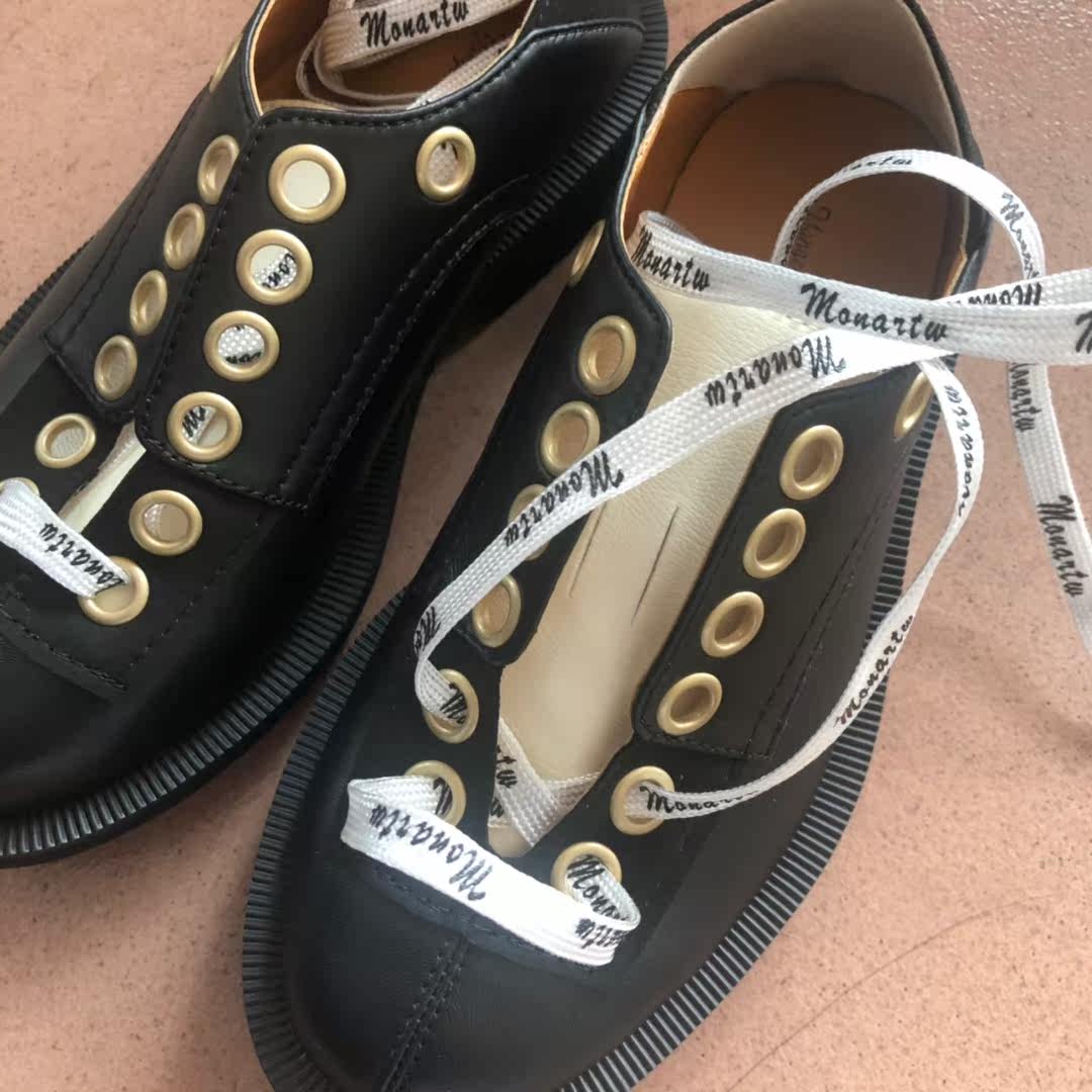 mona2020春秋新款女鞋系带百搭平底单鞋休闲黑色复古英伦小皮鞋潮
