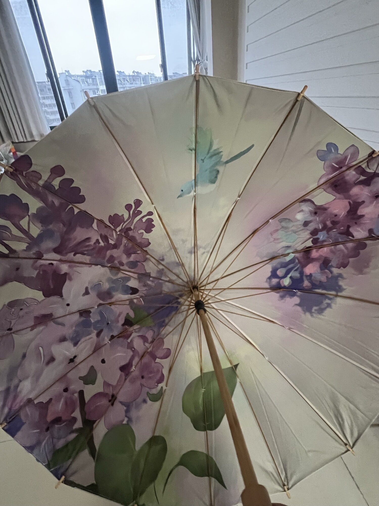 沛欣原创晴雨伞中国风紫丁香复古竹杆长柄流苏三折16骨彩胶遮阳伞