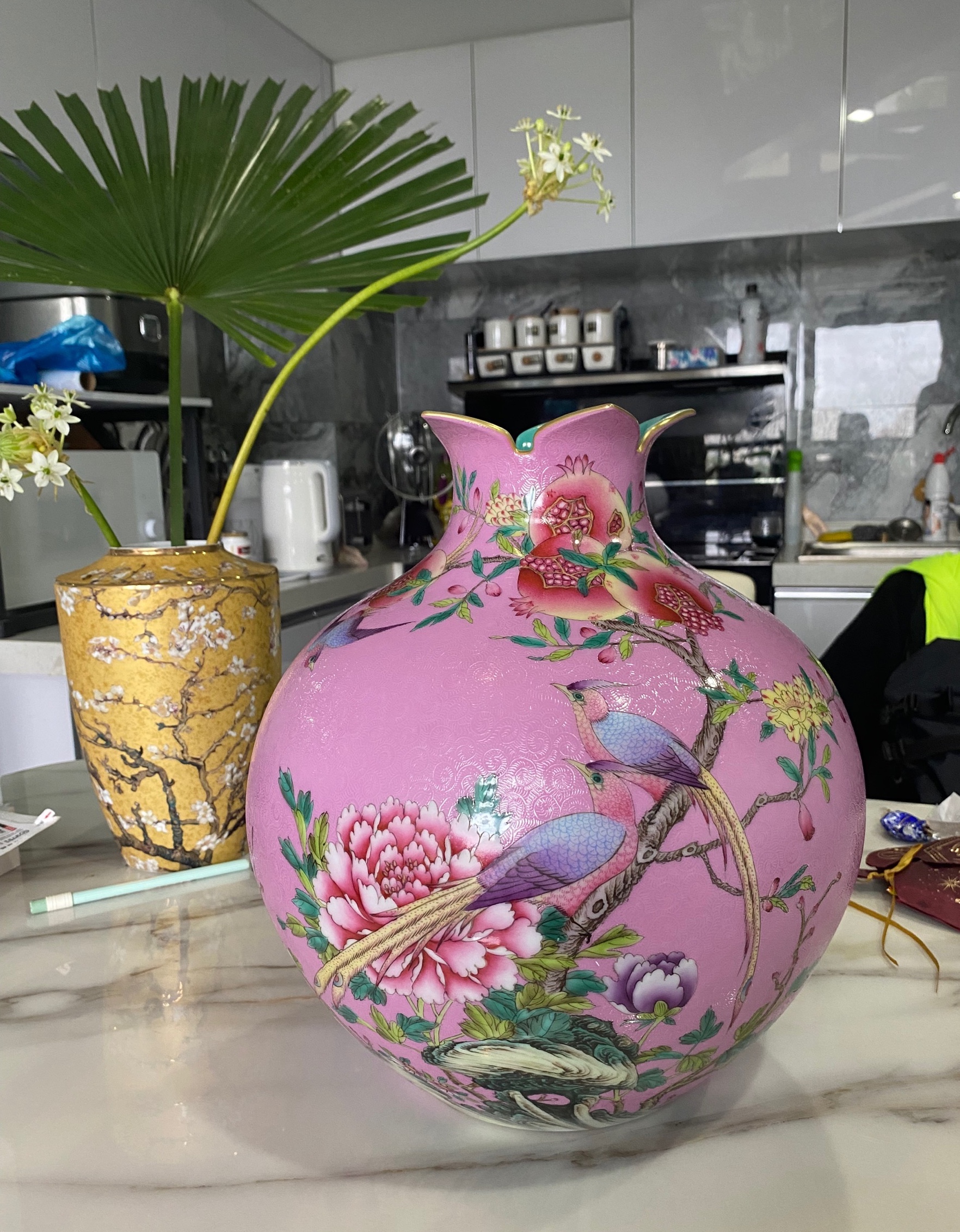 中國美術 景德鎮製 花鳥詩文紋樣花瓶 花器