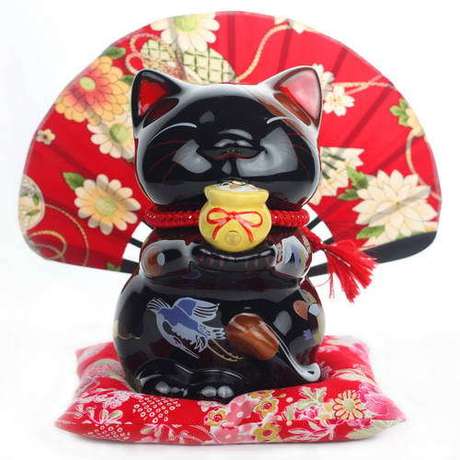 招财猫 8英寸黑金捧金元宝笑咪招福猫