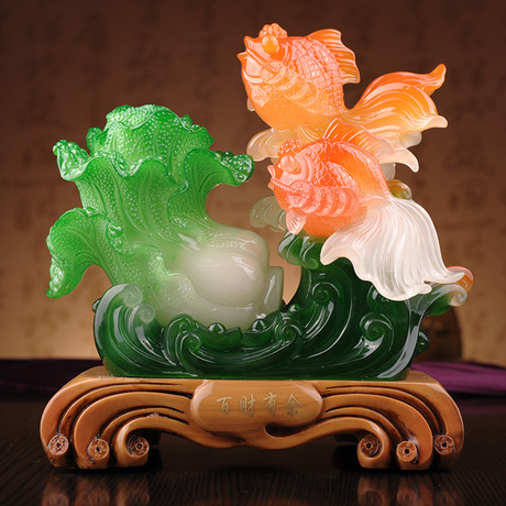 招财金鱼玉白菜,做工精细,寓意百财有余,高档客厅装饰品