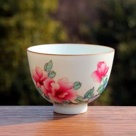 手绘新彩茶具茶杯牡丹花薄胎瓷景德镇陶瓷功夫茶具品茗杯傅家窑