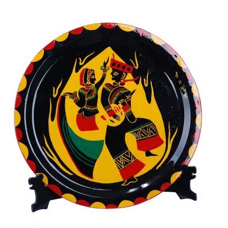 手艺品 彝族精美漆器人物画盘摆件(大号)