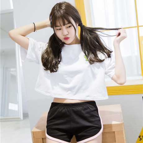 韩国ulzzang仙人掌刺绣宽松短款露脐装 学生半截袖短袖t恤女夏装