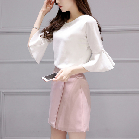 2016夏季新款韩版时尚套装修身显瘦圆领荷叶袖包臀一步裙两件套潮