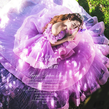 2016新款影楼主题服装摄影礼服韩版拍照紫色拖尾一字肩彩色婚纱
