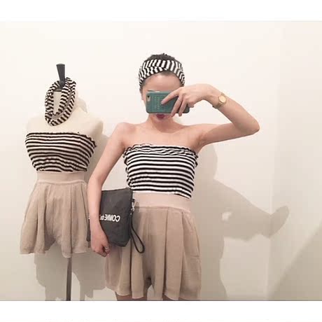 包邮!女装夏装2016新款潮韩国气质性感条纹修身抹胸配发带两件套