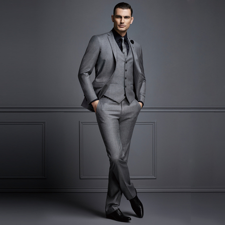 hany男装西服套装男士商务正装男西服修身羊毛灰色西装