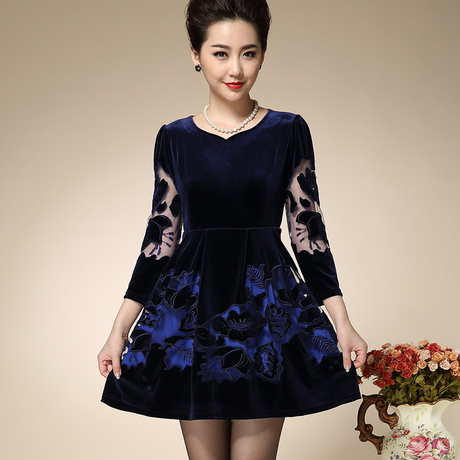 00      欧瑞娜2016秋冬新款大码女装高端正品金丝绒镂空绣花连衣裙