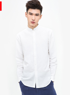 柒唐中国风男士无领衬衫男长袖青年中式盘扣上衣潮男装圆领衫茶服