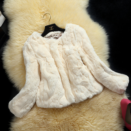 2016海宁女冬季新款韩版圆领九分袖獭兔毛皮草外套短款修身显瘦