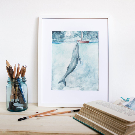 现代简约客厅装饰画创意无框画美式挂画喷绘水彩鲸鱼少女海洋之心