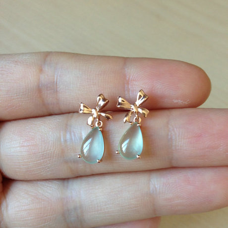 (结缘留念)天然a货翡翠玻璃种水滴耳坠耳钉耳环蝴蝶结18k金带证