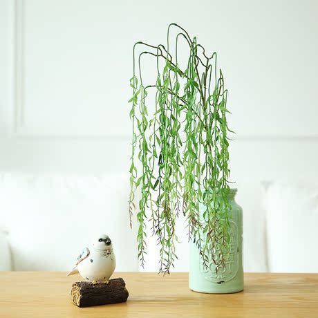 玐玖琦珥仿真花艺手感垂柳杨柳枝插花软胶仿真单枝柳条绿色叶材