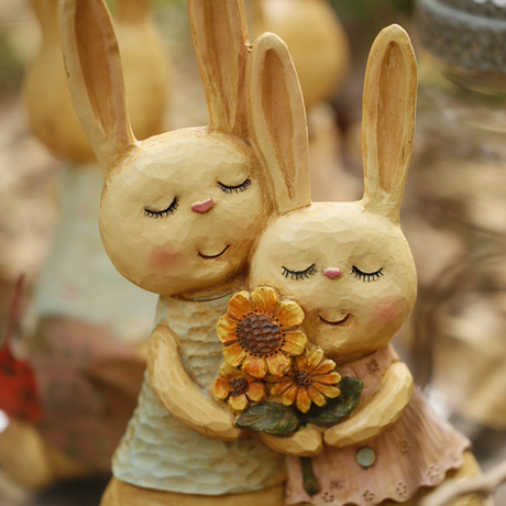 lsuss仿木刻复古做旧睫毛情侣兔子向日葵田园乡村装饰树脂摆件