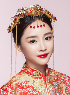 费拉拉 新娘秀禾服头饰红色古装结婚头饰中式古典凤冠额饰配饰女