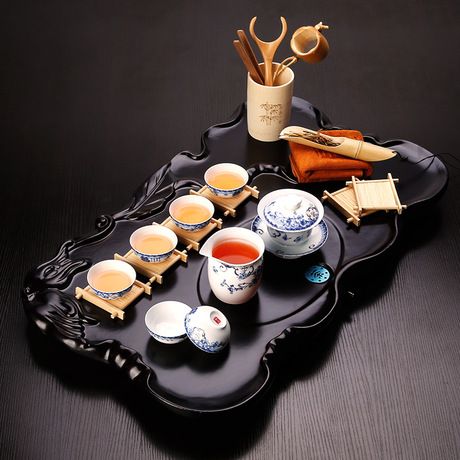 束氏功夫茶具套装特价整套青花瓷四合一茶壶盖碗生态科技木茶盘