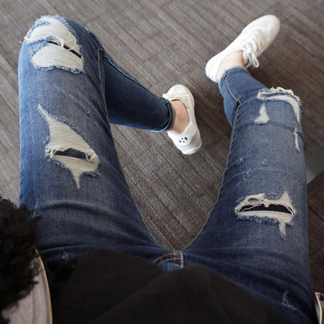 现货韩国代购女装秋冬新款前卫时髦破洞补丁时尚牛仔裤