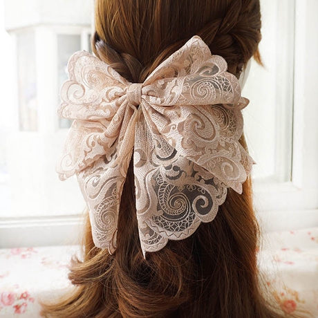 日韩布艺刺绣夸张大蕾丝蝴蝶结发夹公主头顶夹弹簧马尾夹蜜糖色