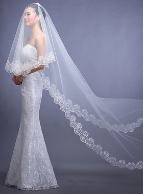 新款特价 花边长新娘结婚头纱婚纱头纱亮片蕾丝白色礼服配饰