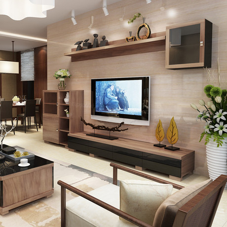 胡桃木色客厅电视柜组合茶几背景墙深色简约中式实木颗粒挂柜隔板