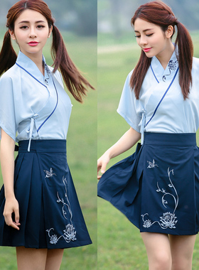 清夏浅蓝色舒窈坊传统日常汉服校服女装交领半臂上襦微汉服
