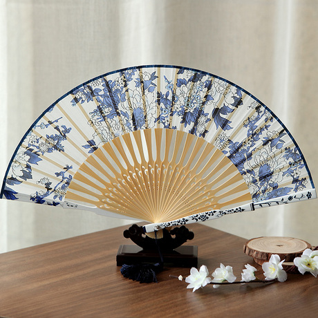 王星记扇子中国风青花瓷古典真丝折扇女舞台道具工艺扇