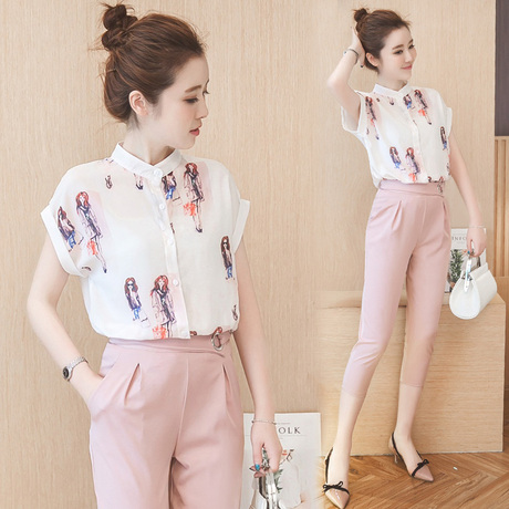 时尚套装女夏 2016新款韩版女装修身显瘦两件套气质印花雪纺套装
