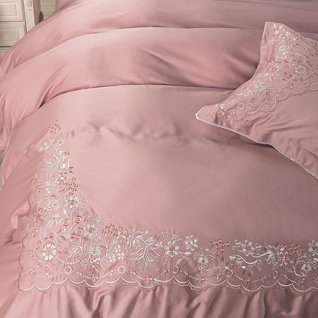 贡缎纯棉绣花四件套60支欧式纯色床上用品四件套1.8/2m婚庆六件套