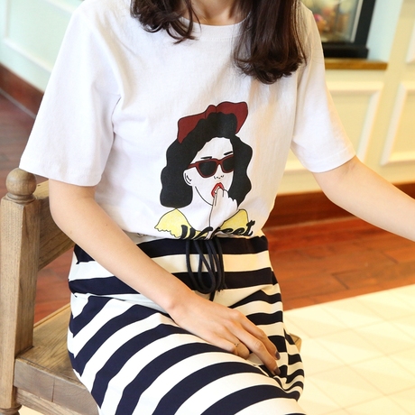 韩国进口东大门女装代购 2016夏季简约百搭吃糖女郎短袖宽松t