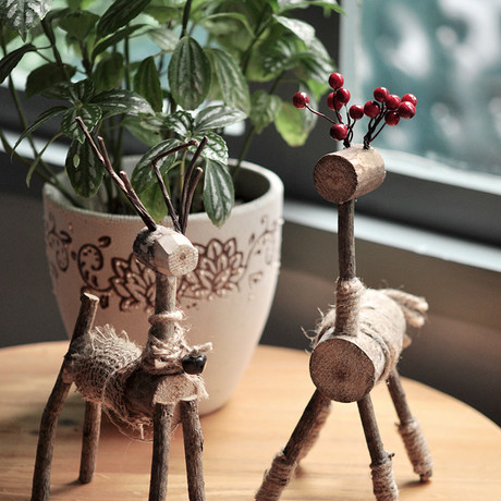 zakka古朴实木树枝手工制作情侣鹿庭院摆件橱窗隔板陈列工艺品