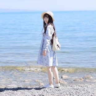 森林系秋季女装棉麻清新文艺印花连衣裙韩版宽松腰长袖中长款裙子