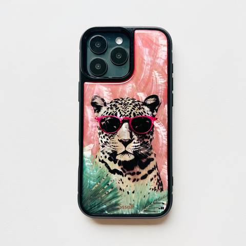 Leopard Pink Sunglasses Green Palm Leaves Cartoon iPhone Case