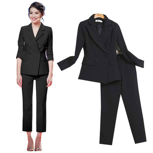 纯黑白色时尚职业套装女裤两件套韩国修身显瘦双排扣小西装外套潮