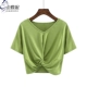 Mùa hè phong cách mới phiên bản Hàn Quốc của cotton tinh khiết mỏng giảm béo nếp gấp ngắn cạp cao màu sắc áo thun ngắn tay áo thun nữ - Áo phông
