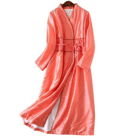 日式和服夹棉长睡裙拖地超长睡袍水红珊瑚绒秋冬加绒加厚衣群