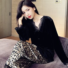 Пижама 春秋季豹纹金丝绒长袖女睡衣2023年新款蕾丝性感甜美套装冬居家服