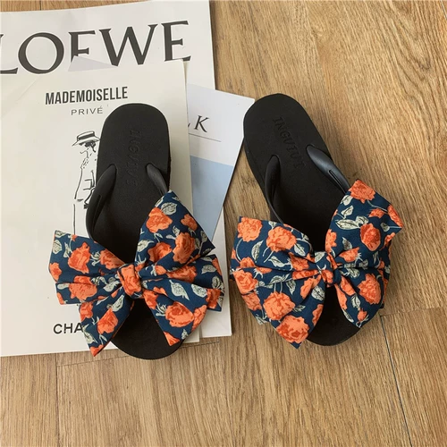 Летние модные сланцы с бантиком, нескользящие тапочки, в корейском стиле, в цветочек