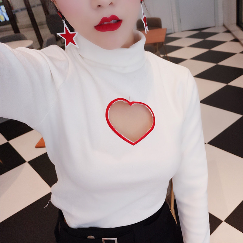 领口镂空t恤女秋季高领黑色内搭显瘦体恤短款设计感心机上衣