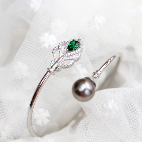 小屋纯银锆石凤尾手镯南洋大溪地黑珍珠手链手镯