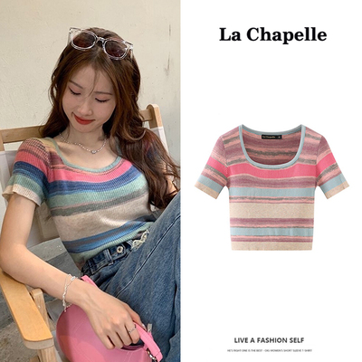 taobao agent La Chapeelle dopamine wearing striped and knitted short -sleeved short -sleeved short jackets