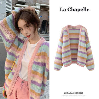 taobao agent La Chapelle autumn new color striped long -sleeved knitted cardigan female V -neck sweater