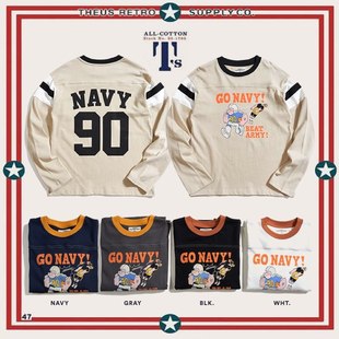 ポパイ GoNavy シーラグビーチームユニフォーム アメリカンレトロカラーブロックプリントコットン長袖Tシャツ