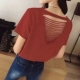 2019 mùa hè mới sexy hở lưng phụ nữ áo thun cotton lỏng cổ tròn lỗ kích thước lớn đáy áo sơ mi - Áo phông