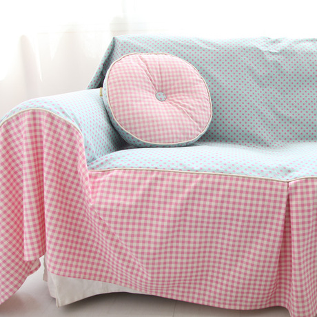 蓝水玉粉格子防尘全盖居家布艺沙发套沙发罩布透气定做沙发巾棉麻