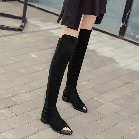 过膝长靴2016秋冬新款韩版百搭尖头平底显瘦瘦腿弹力靴平跟高筒靴