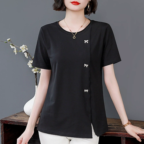 Летняя черная футболка с коротким рукавом, хлопковая летняя одежда для матери, короткий рукав, большой размер