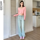 Светлые прямые свободные джинсы, осенние штаны, высокая талия, свободный крой