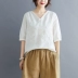 Năm 2020 mùa hè mới cộng với kích thước của phụ nữ Phiên bản Hàn Quốc của thêu văn học và nghệ thuật Áo phông ngắn tay cổ chữ V dành cho phụ nữ áo lanh mỏng hoang dã - Áo phông